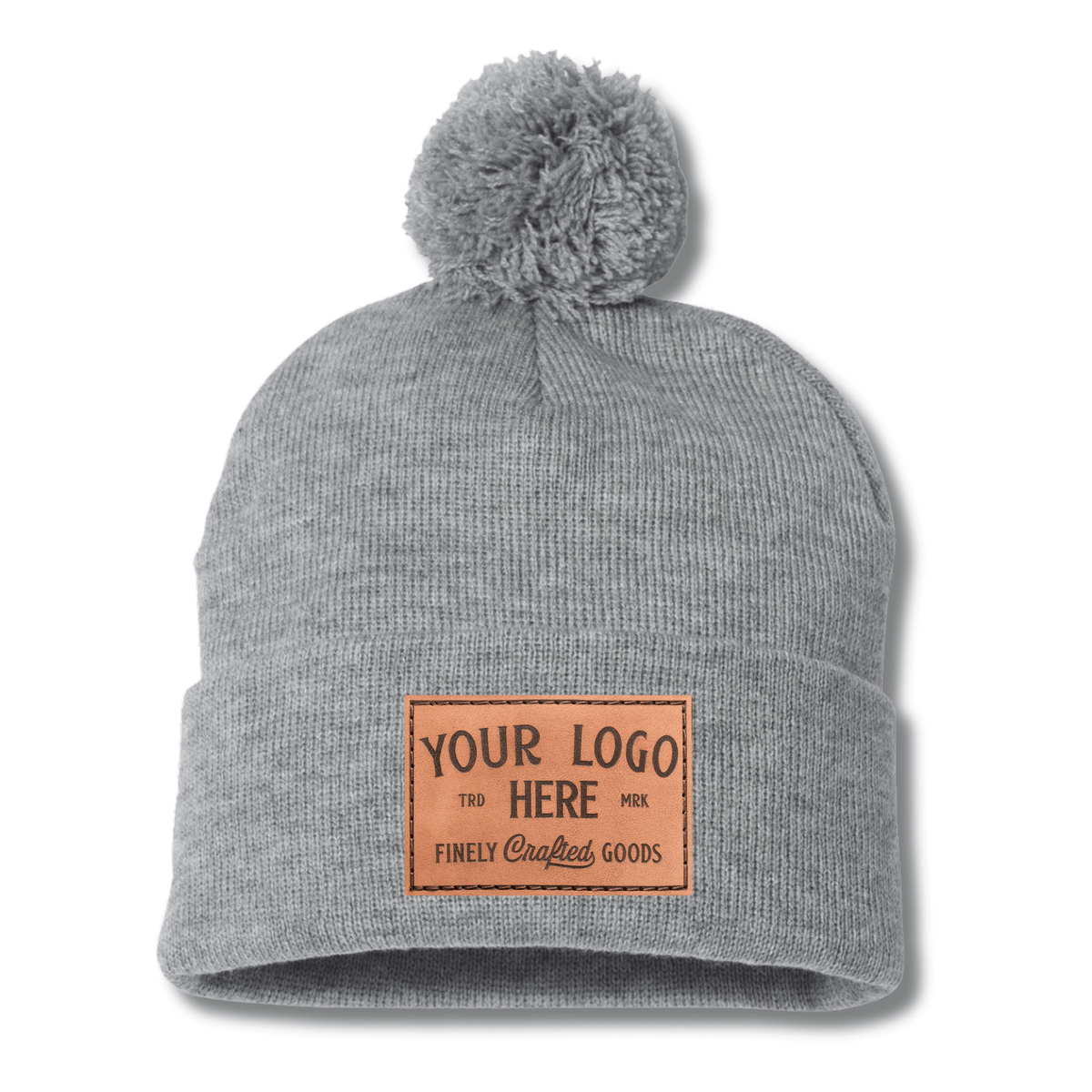 Sportsman SP15 – Knit Pom Beanie Stocking Cap | Custom Beanies with Your Logo in Bulk-leather-patch-Dekni Creations Inc.