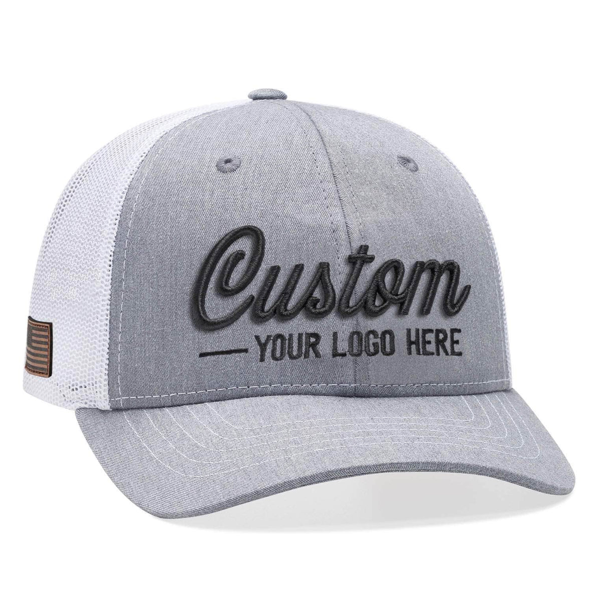 Heather grey white Richardson 112 youth custom embroidered trucker hat with your logo by Dekni Creations