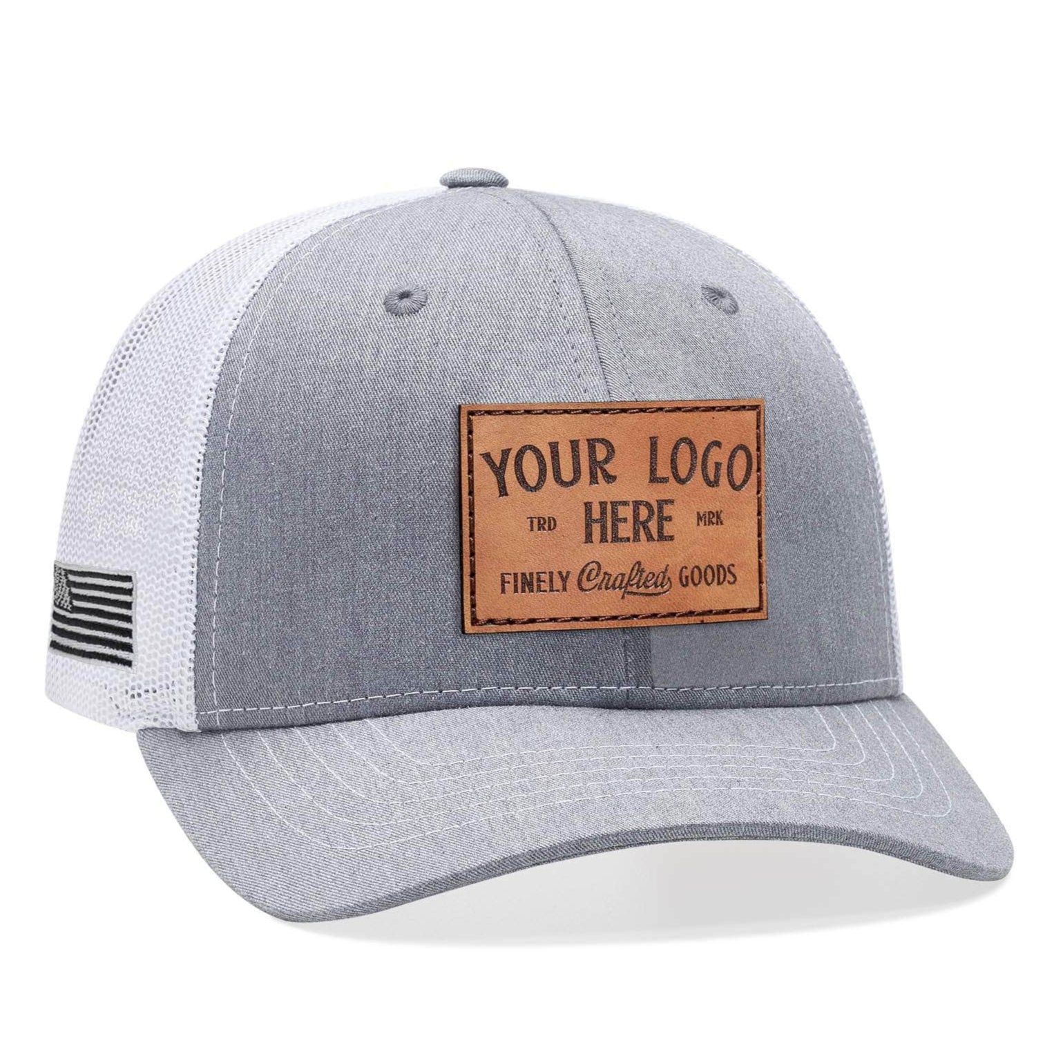 Heather grey white Richardson 112 youth custom leather patch trucker hat with your logo by Dekni Creations