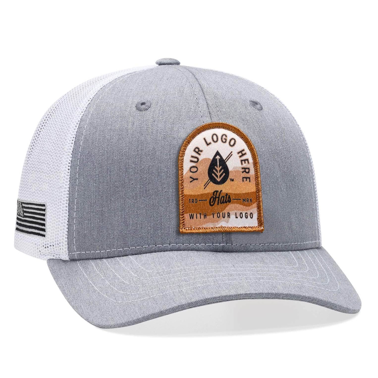 Heather grey white Richardson 112 youth custom patch trucker hat with your logo by Dekni Creations