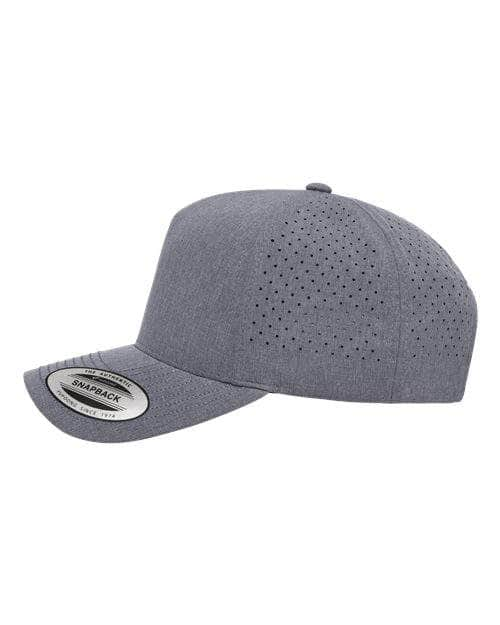 side heather grey Yupoong YP Classics - 5-Panel Snapback with Perforated Cap - 5389AP Structured, six-panel, high-profile Made from light-weight polyester with perforated panels for breathability