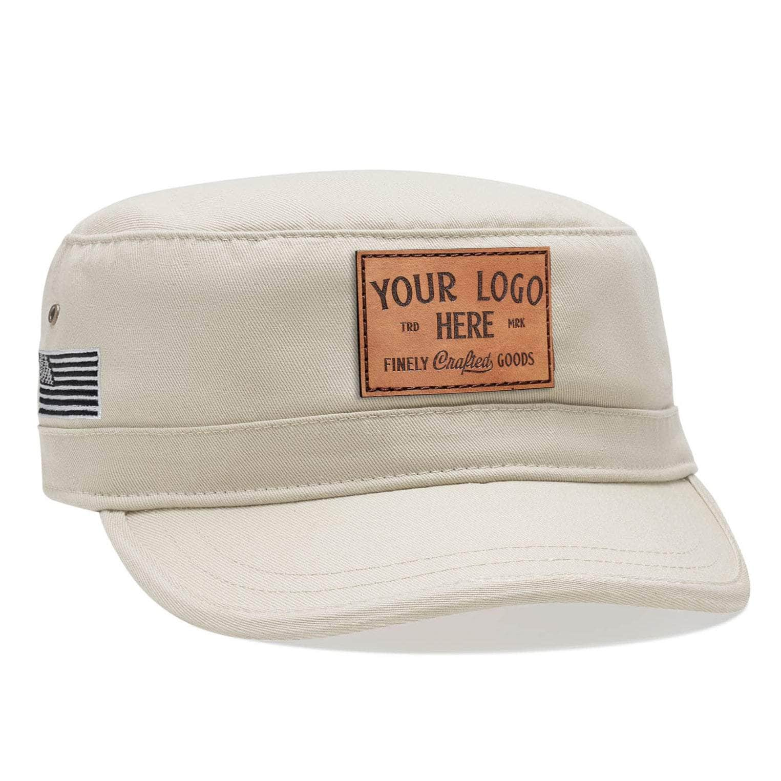 Khaki Econscious EC7010 custom leather patch sustainable organic cotton military hat with your logo by Dekni Creations