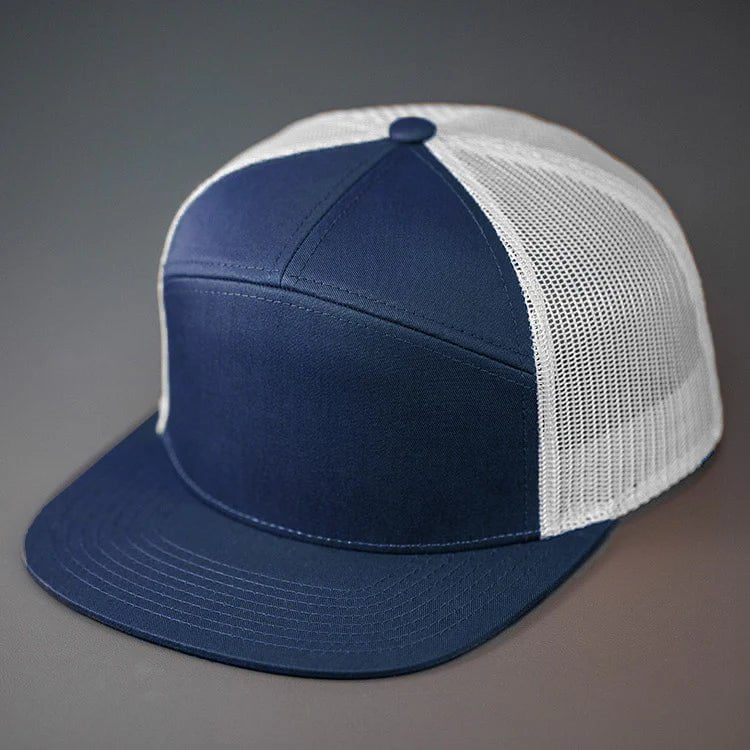 C58-CTM - 7 PANEL TRUCKER - COTTON TWILL & MESH SNAPBACK FLAT BILL HAT (Bulk Custom with Your Logo)