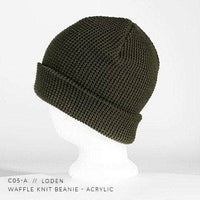 loden bulk custom patch logo waffle knit beanie with woven tag, embroidered patch, riveted leather tag for your business