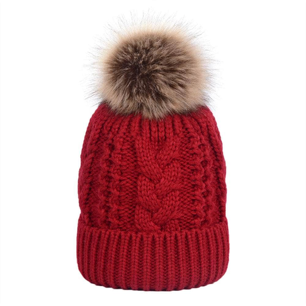 maroon custom tag TOPTIE Knit Hat Faux Fur Pom Pom Beanie Hat Winter Fleece Lined extra warm Cable knit removable pom 