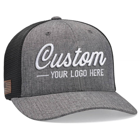 A Flexfit 110M(T) Stretch Mesh Snapback Cap featuring a gray and black design with Custom - Your Logo Here embroidered in white on the front, a mesh back, and a small brown-striped patch on the side. Ideal for displaying your corporate logo.