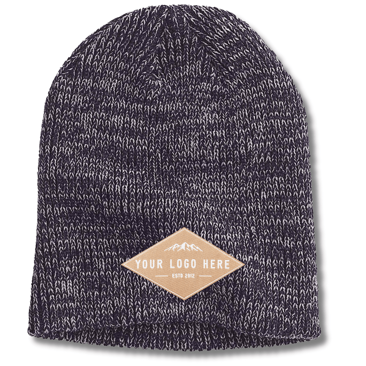 BA524 – Uncuffed Ribbed Marled Beanie | Custom Beanies with Your Logo in Bulk-woven-patch-Dekni Creations Inc.