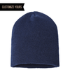 navy custom tag sustainable knit uncuffed slouch beanie cap made of recycled material 100% made and decorated in usa with customized logo in bulk