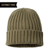 olive shore custom tag sustainable cable knit cuffed beanie cap made of recycled material with custom logo in bulk