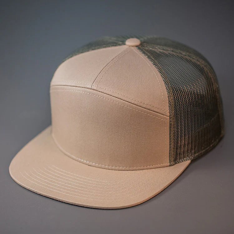 C58-CTM - 7 PANEL TRUCKER - COTTON TWILL & MESH SNAPBACK FLAT BILL HAT (Bulk Custom with Your Logo)