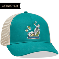 personalized ec7070 econscious organic cotton recycled trucker mesh snapback sustainable headwear with recycled embroidery thread and non toxic veg tan leather patches with custom logo in bulk for business