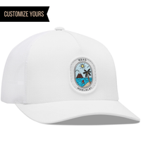 quality bulk custom white Yupoong 6506 5 panel trucker golf beach surfer truckerwith customizable woven patch hats