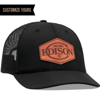 quality custom 100% manufactured in the USA 100 Black Hats with genuine full grain veg tan leather patch engraved logo in bulk for business