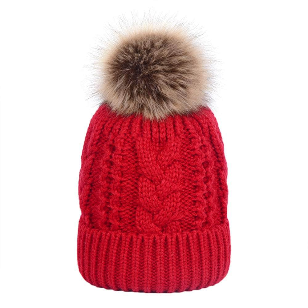 red custom tag TOPTIE Knit Hat Faux Fur Pom Pom Beanie Hat Winter Fleece Lined extra warm Cable knit removable pom 