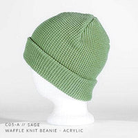 sage bulk custom patch logo waffle knit beanie with woven tag, embroidered patch, riveted leather patch for your business