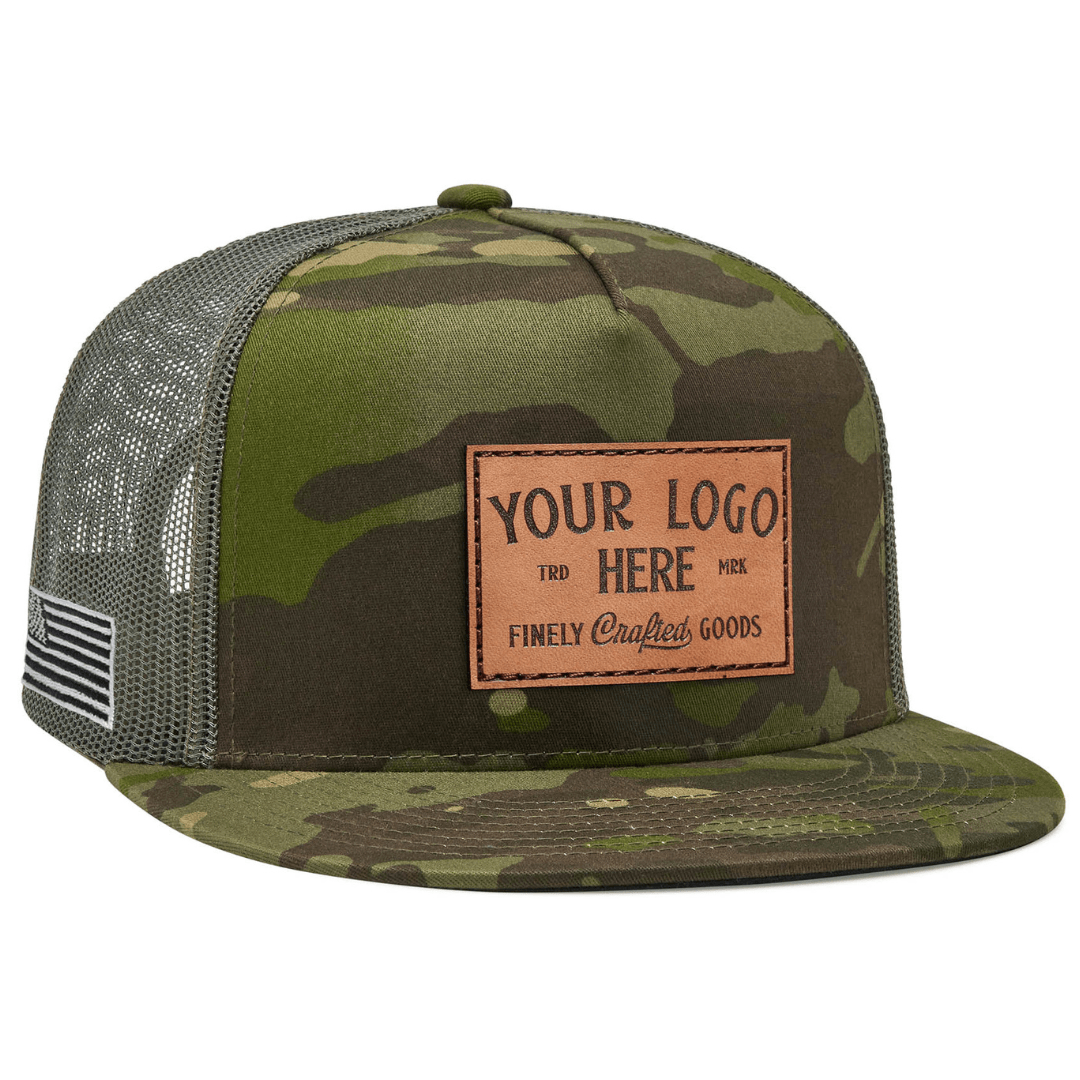 Tropic camo Yupoong Multicam 6006MC custom leather patch flat bill trucker hat with your logo by Dekni Creations