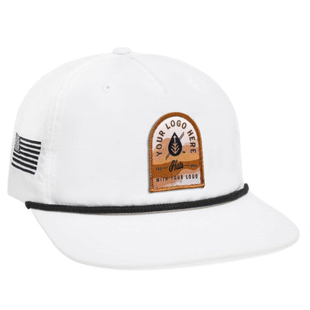 The BLVNK Private Label C55-N hat is a white baseball cap with black Custom - Your Logo Here embroidery, featuring a small American flag patch on the side and black rope detail across the brim, ideal for showcasing your company logo in bulk.