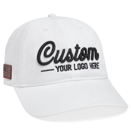 The Econscious EC7000 is a sustainable 100% organic cotton dad hat, customizable with your logo in black embroidery on the front, featuring an American flag patch on the side and ventilation holes for comfort. Ideal for brand enthusiasts, available in bulk.