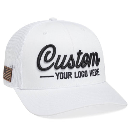 The Richardson 112 Trucker Hat is a white mesh-back cap featuring bold black embroidered Custom - Your Logo Here text and an embroidered U.S. flag on the side, perfect for customizing with your company logo in bulk.