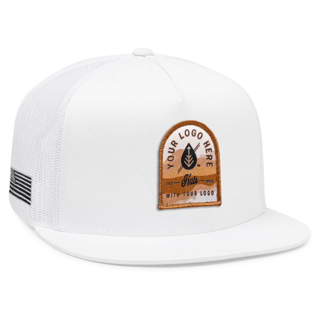 White Yupoong 6006 custom patch flat bill trucker hat with your logo by Dekni Creations