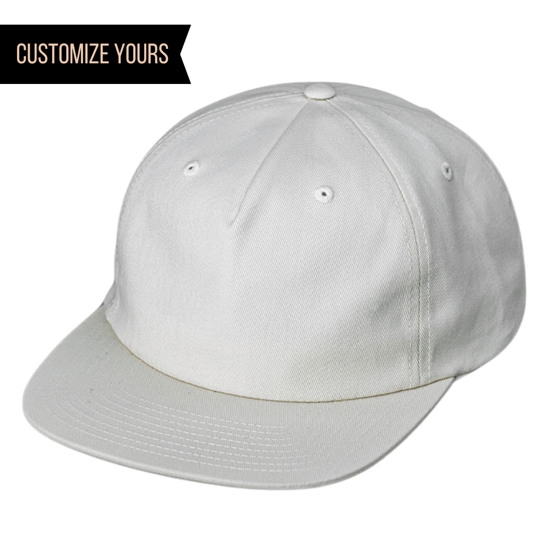 white C55-PC - COTTON PINCH FRONT UNSTRUCTURED FLAT BILL WITH PREMIUM LEATHER STRAP & BRASS CLASP FLAT BILL HAT (Bulk Custom with Your Logo)