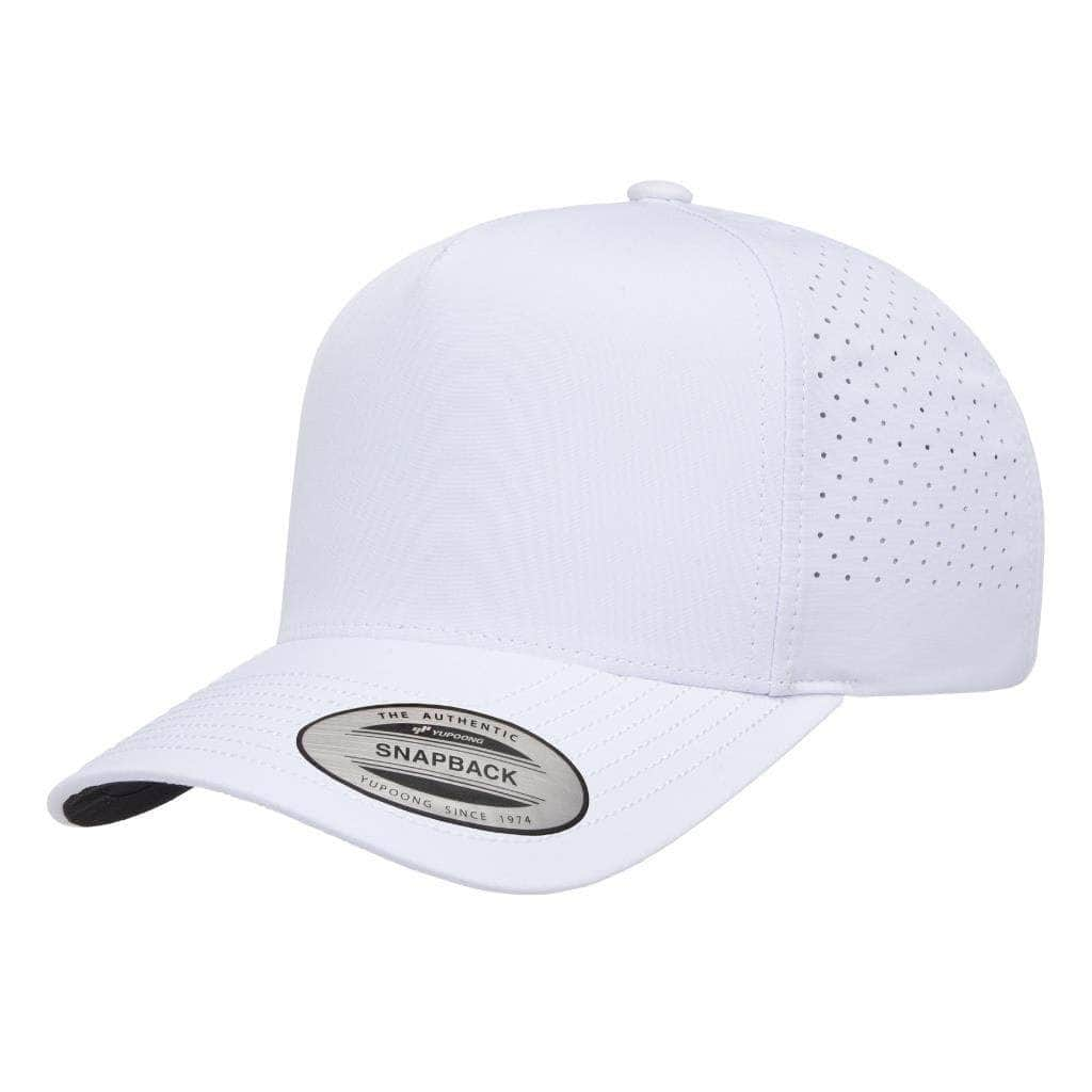 white Yupoong YP Classics - 5-Panel Snapback with Perforated Cap - 5389AP Structured, six-panel, high-profile Made from light-weight polyester with perforated panels for breathability