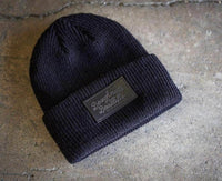 black beanie with personalized Laser engraved black leather patch by dekni creations