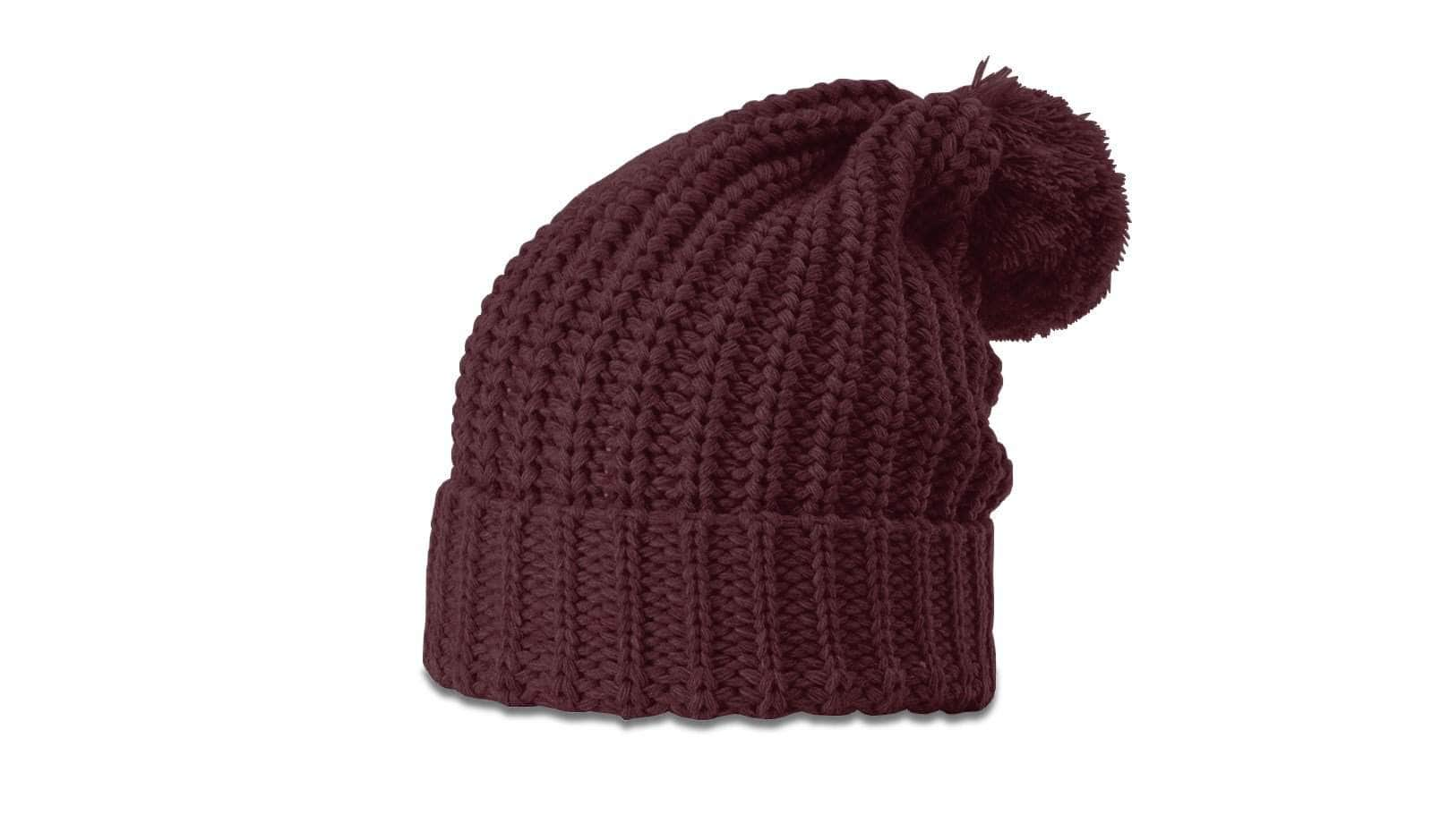 burgundy custom winter hat with logo on richardson 143 pom pom beanie in bulk