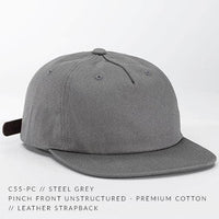 Grey PINCH Cotton Unstructured CUSTOM STRAPBACK cap for Embroidery & engraving leather patch