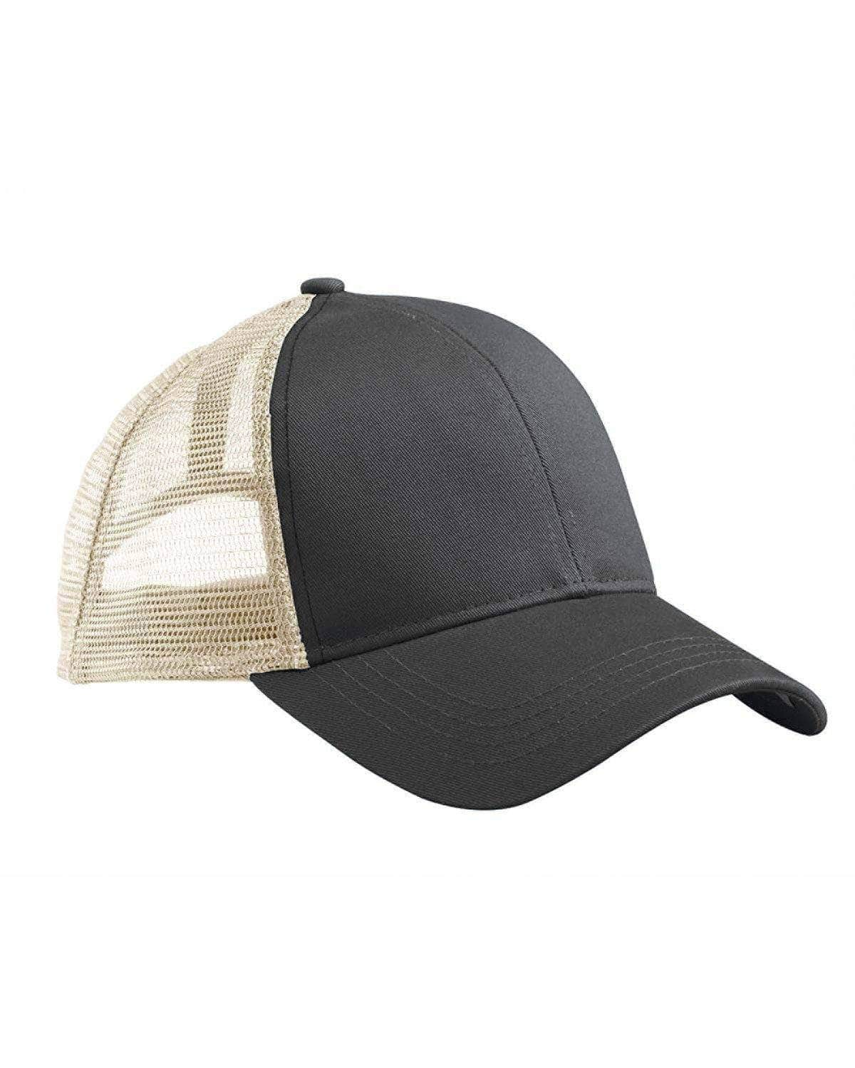 An Econscious EC7070 trucker hat, black/oyster, featuring a solid black front and brim with custom logo options and beige mesh back panels, is displayed against a plain white background.