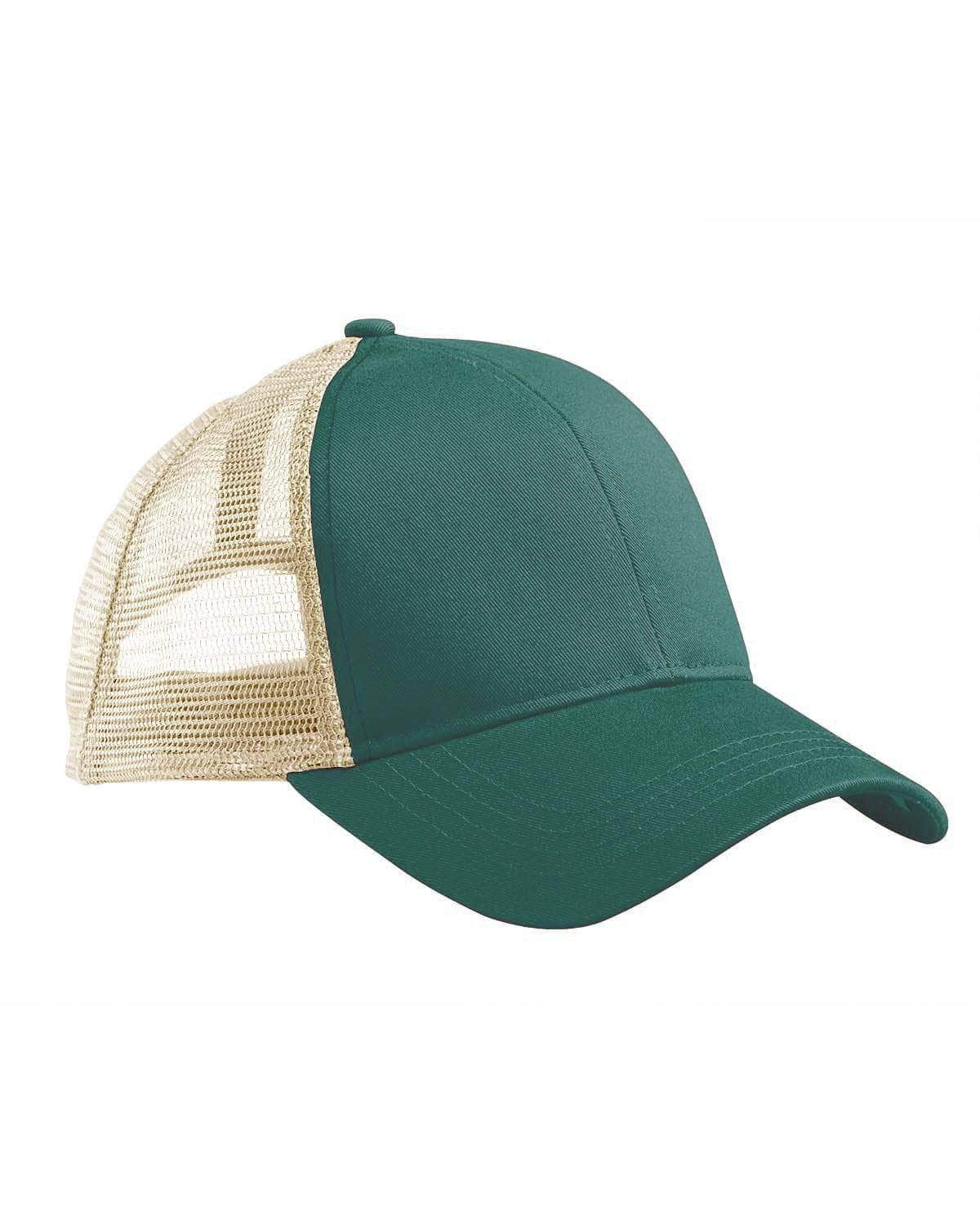 The Econscious EC7070 trucker hat, in Emer Frst/Oystr, features a solid green front and brim with a beige mesh back for ventilation. An adjustable strap ensures fit. Its ideal for showcasing your corporate logo sustainably.