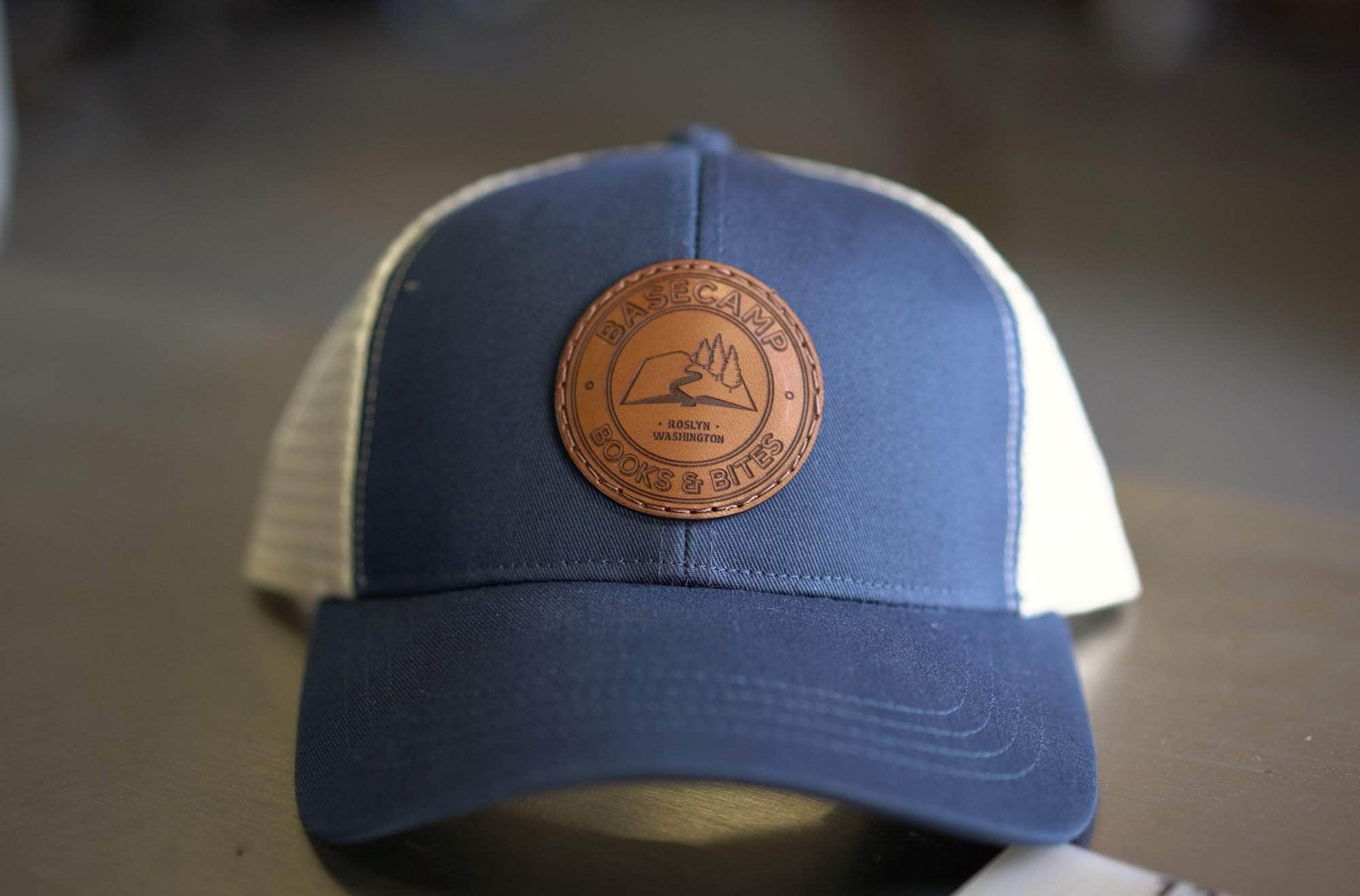 custom organic recycled trucker hats with leather patch logo