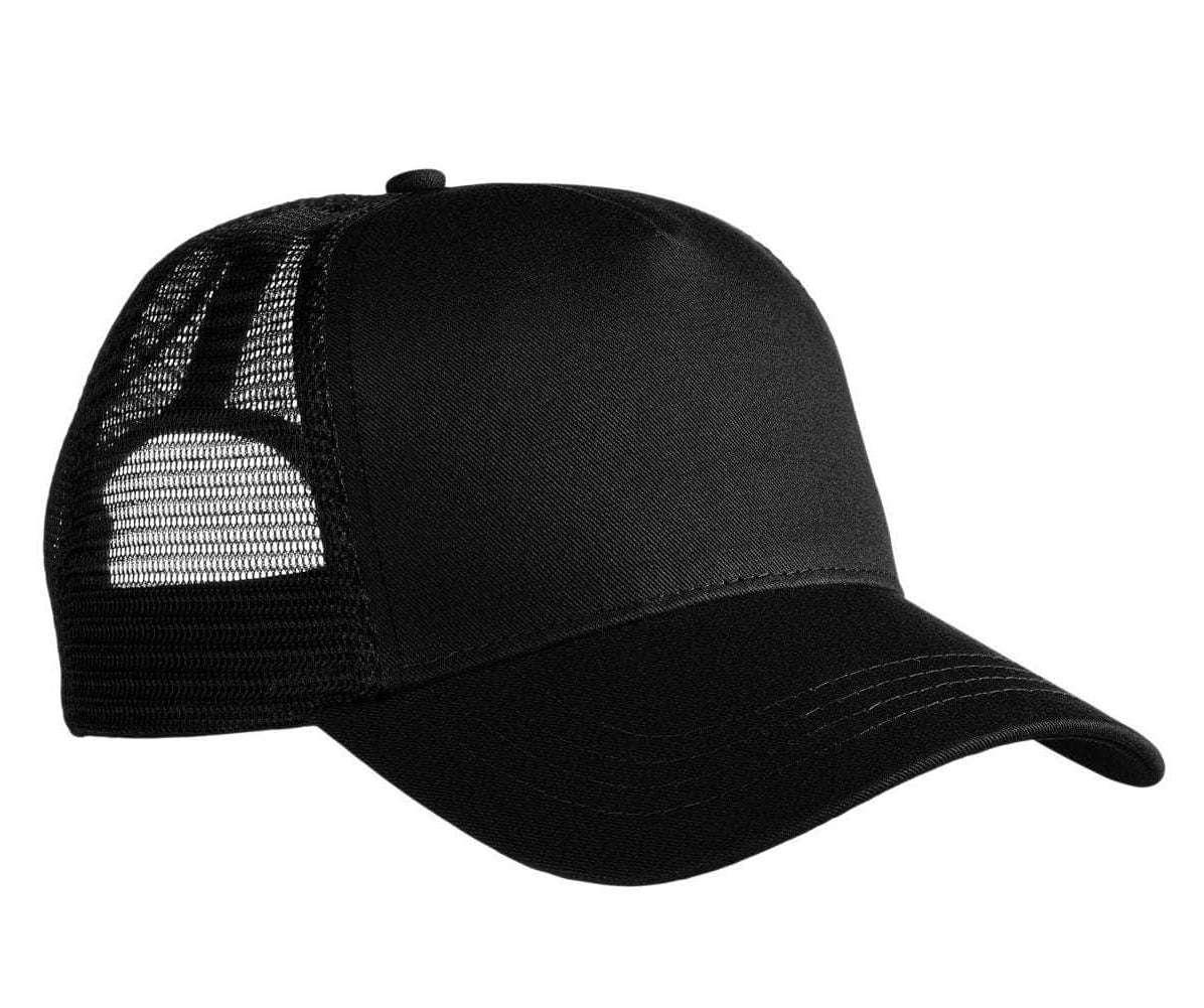 The Econscious EC7094 is a black/black trucker hat featuring 5 panels of organic cotton and recycled polyester. It has a curved brim, mesh back for ventilation, and a solid front ideal for custom logo branding, available in bulk.