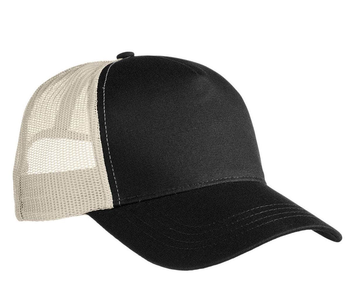 The Econscious EC7094 trucker hat features solid black front panels and a beige mesh back design, ideal for your company logo. This black/oyster cap has an adjustable strap for a comfortable fit and combines organic cotton with recycled polyester.