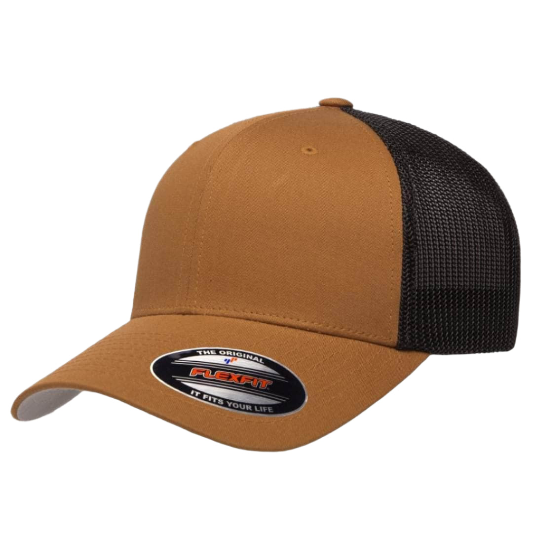 Flexfit 6511(T) – Fitted Trucker Stretch Mesh Cap | Custom Hats with Your Logo in Bulk-Caramel/Black-Dekni-Creations