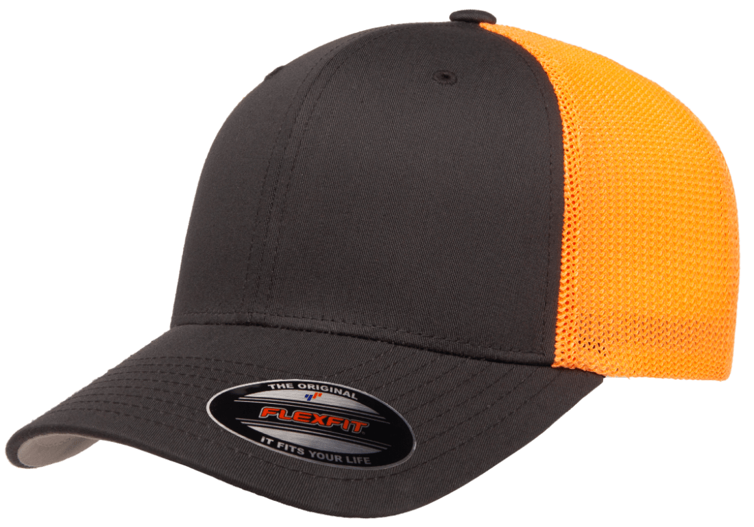 Flexfit 6511(T) – Fitted Trucker Stretch Mesh Cap | Custom Hats with Your Logo in Bulk-Charcoal/Neon Orange-Dekni-Creations