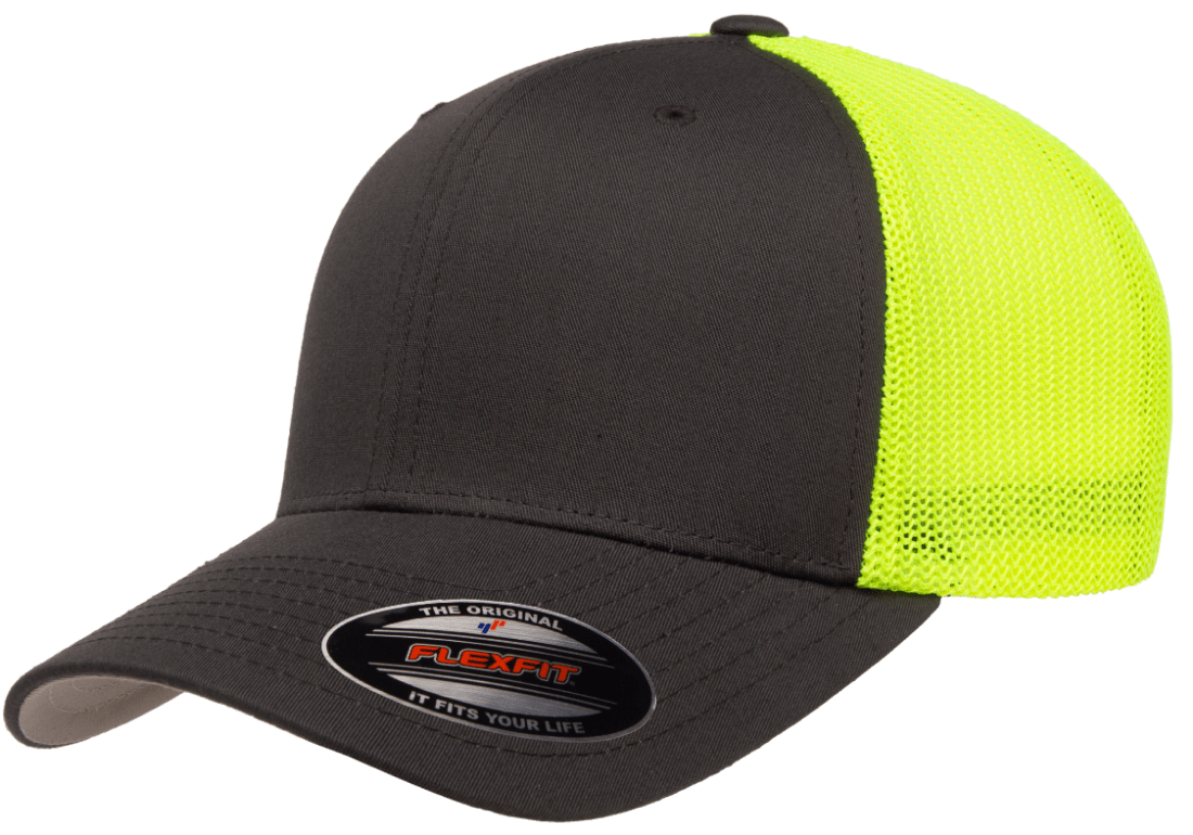 Flexfit 6511(T) – Fitted Trucker Stretch Mesh Cap | Custom Hats with Your Logo in Bulk-Charcoal/Neon Yellow-Dekni-Creations