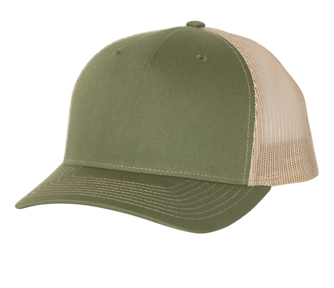 The Richardson 112FP is a custom 5-panel snapback trucker hat in army olive green and tan, ideal for showcasing your corporate logo. It features a curved bill, stitched detailing on the front panels and bill, perfect for bulk orders.