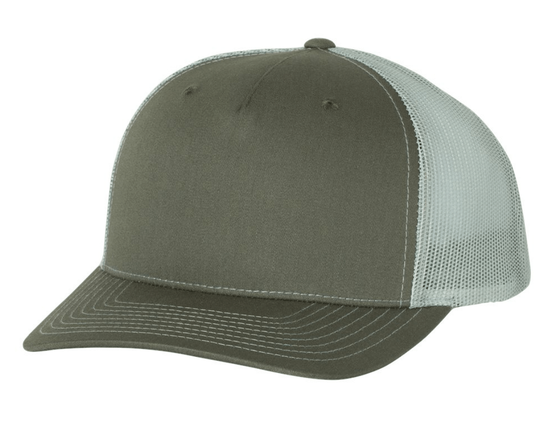 The Richardson 112FP is a Beetle/Quarry 5-panel snapback trucker hat with a solid front and white mesh back. It features a curved brim and visible stitching, making it perfect for custom logo designs and stylish branded hats.