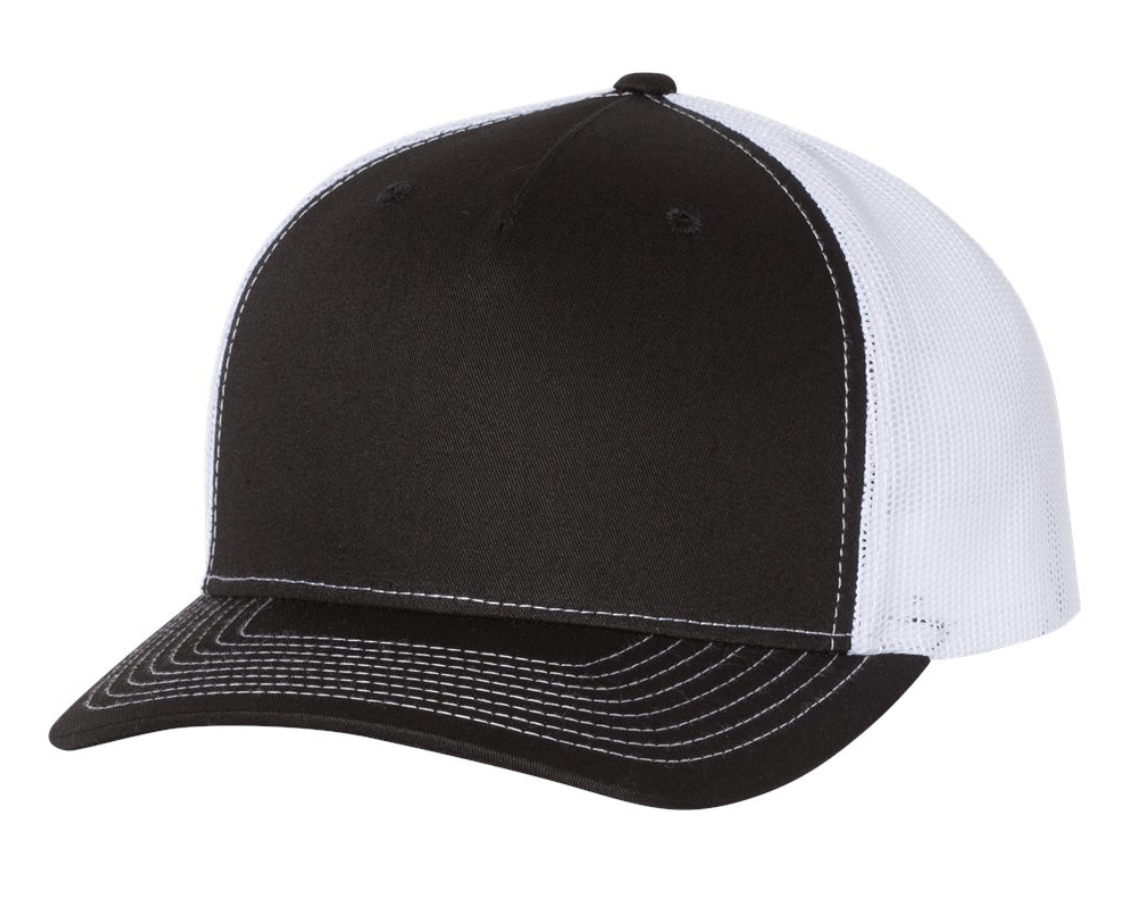 The Richardson 112FP is a black and white 5-panel snapback trucker hat featuring your logo in bulk. It has a black front panel and bill, a white mesh back, white stitching on the bill, and a top button—perfect for showcasing your style.