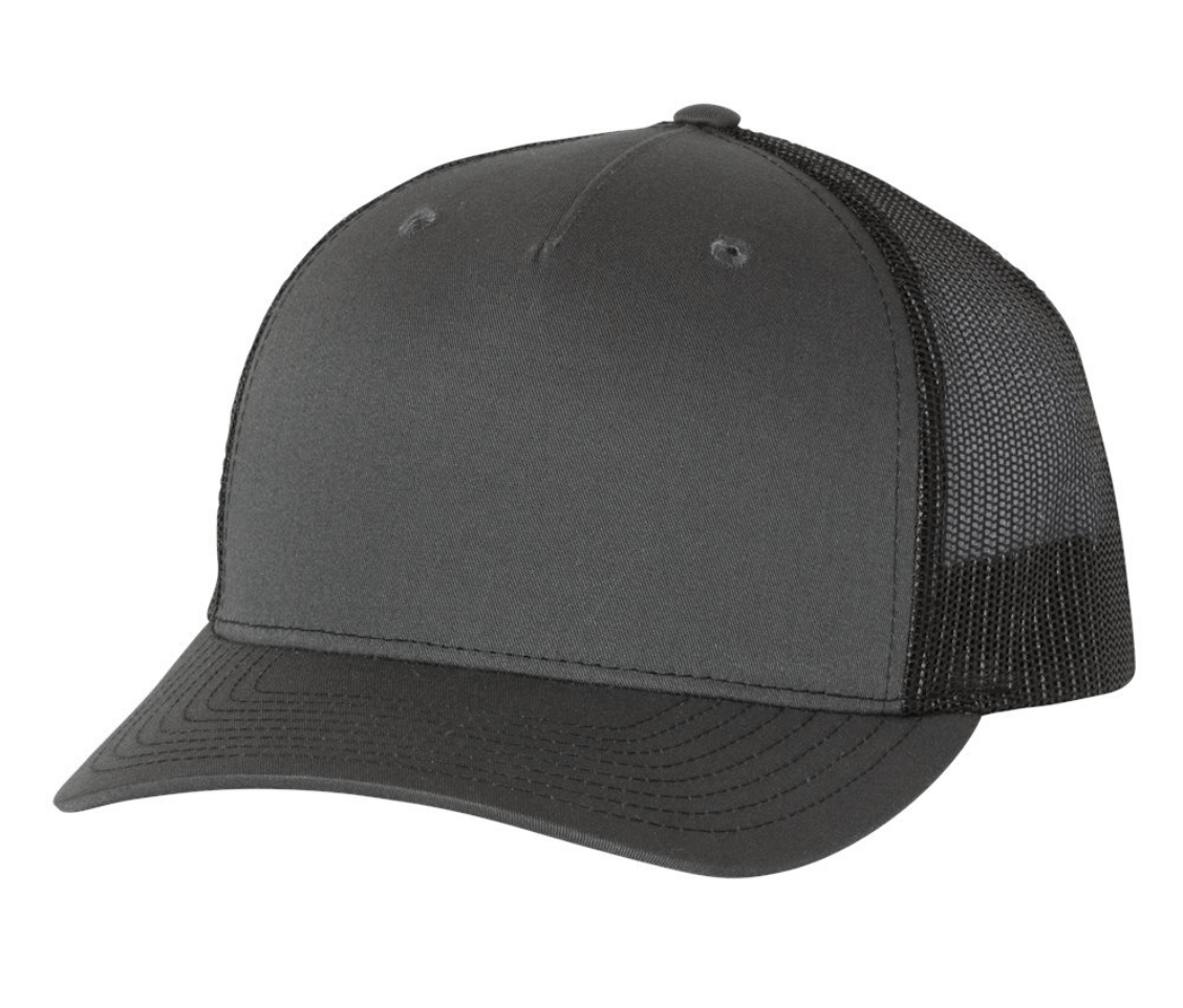 The Richardson 112FP 5-Panel Snapback Trucker Hat in Charcoal/Black features a solid front and mesh back, perfect for showcasing your custom logo, making it ideal for company branding.