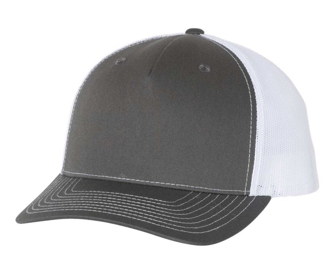 The Richardson 112FP 5-Panel Snapback Trucker Hat in Charcoal/White features a solid front panel ideal for custom logos, a white mesh back, gray curved brim with layered stitching, top button, and adjustable snapback closure—perfect for branded hats.