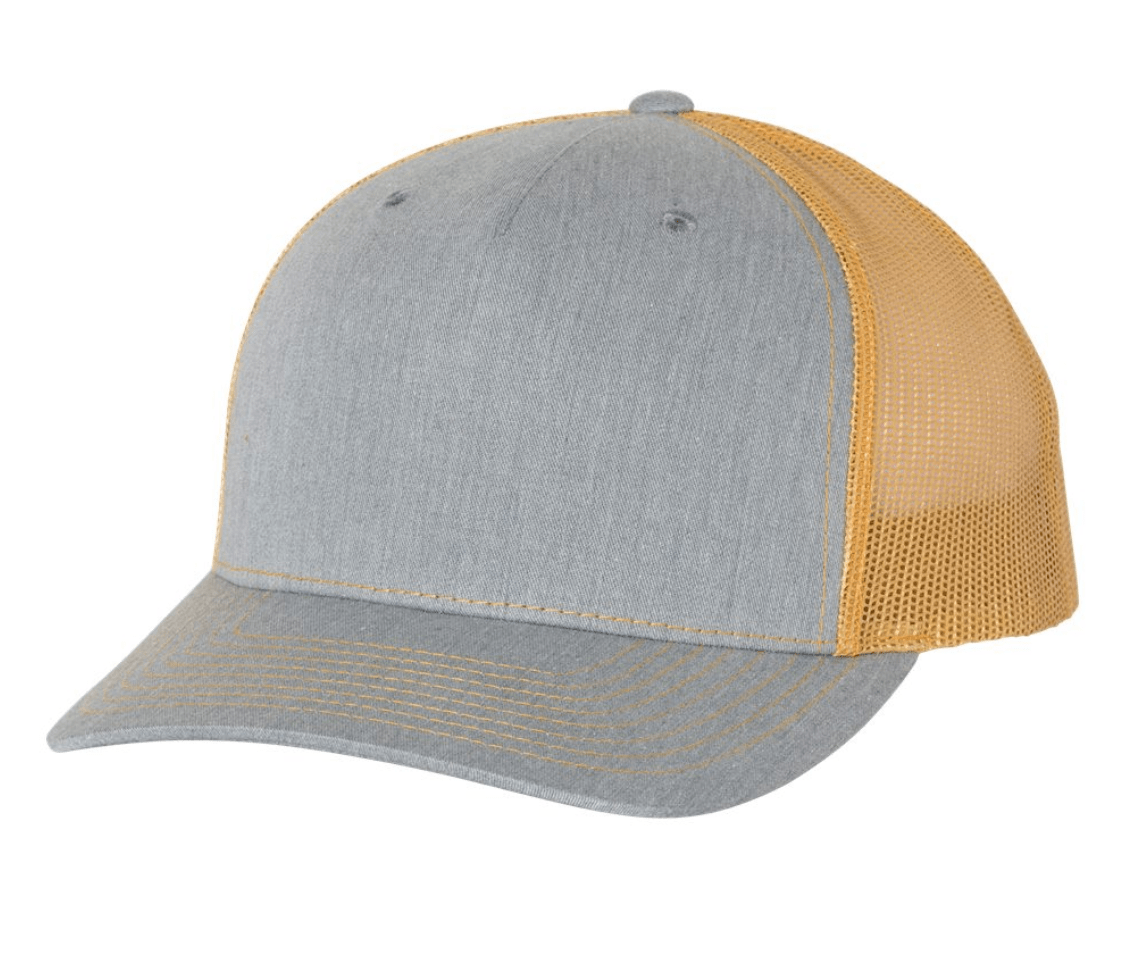 A Richardson 112FP custom snapback trucker hat in heather grey features a curved brim and amber gold mesh back panels.