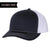 The Richardson 112FP features a navy front panel and white mesh back, ideal for corporate logo hats. CUSTOMIZE YOURS is on the top left corner. It includes black stitching on the bill for a sleek finish.