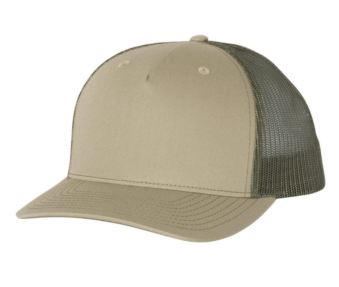 The Richardson 112FP, a Pale Khaki/Loden Green trucker hat, features a solid front, mesh back, and curved brim—ideal for custom logo hats in bulk.