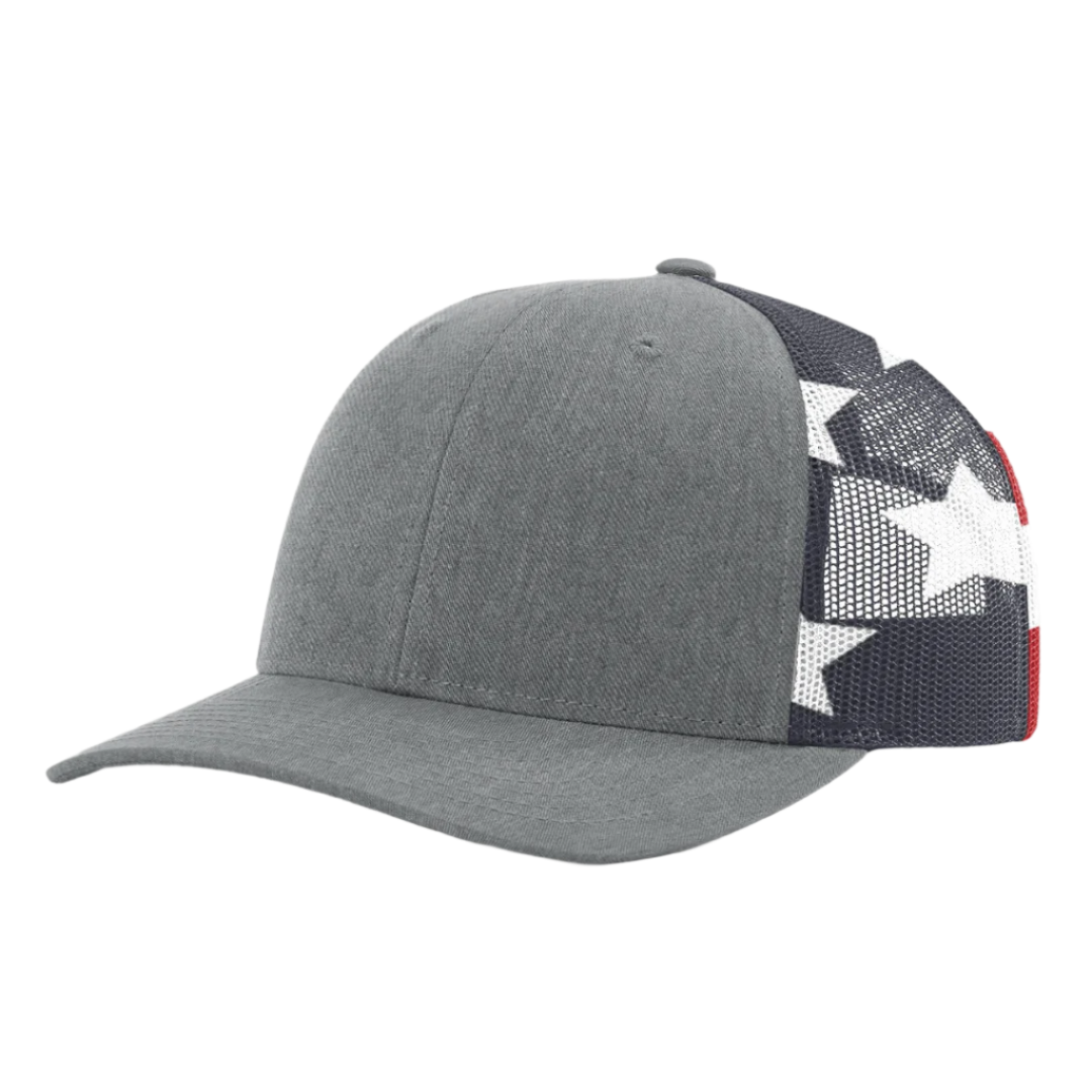 Richardson 112PM – Printed Mesh Trucker Hat | Custom Hats with Your Logo in Bulk-Heather Grey/Stars Stripes-Dekni-Creations