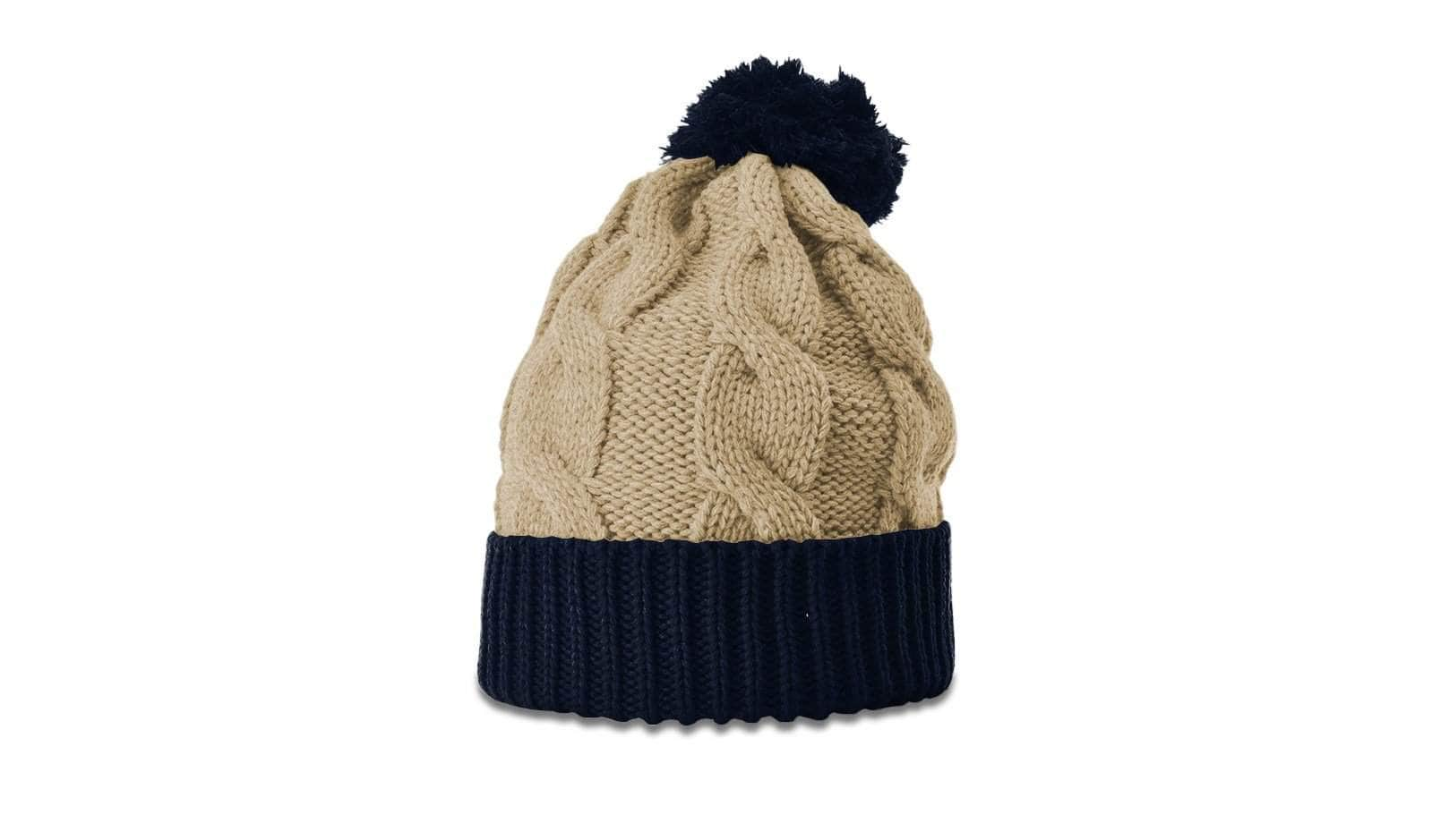 Richardson 141 – Chunk Twist Knit Cuffed Beanie with Pom | Custom Beanies with Your Logo in Bulk-Stone/Navy-Dekni-Creations