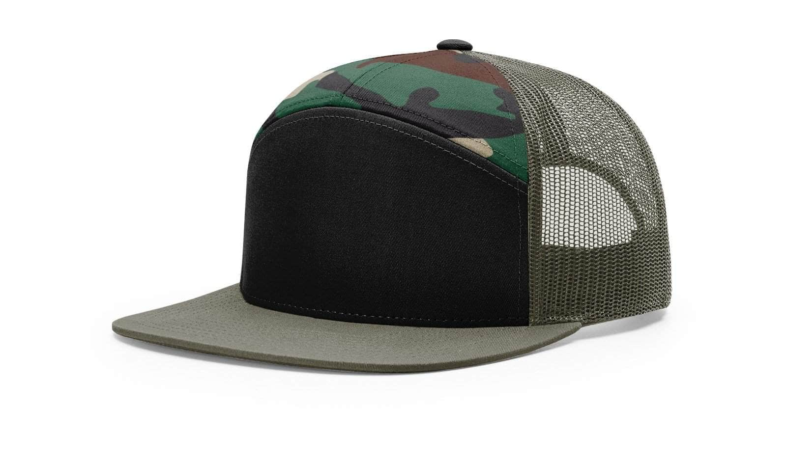 Richardson 168 – 7-Panel Flat Bill Trucker Hat | Custom Hats with Your Logo in Bulk-Black/Green Camo/Loden-Dekni-Creations