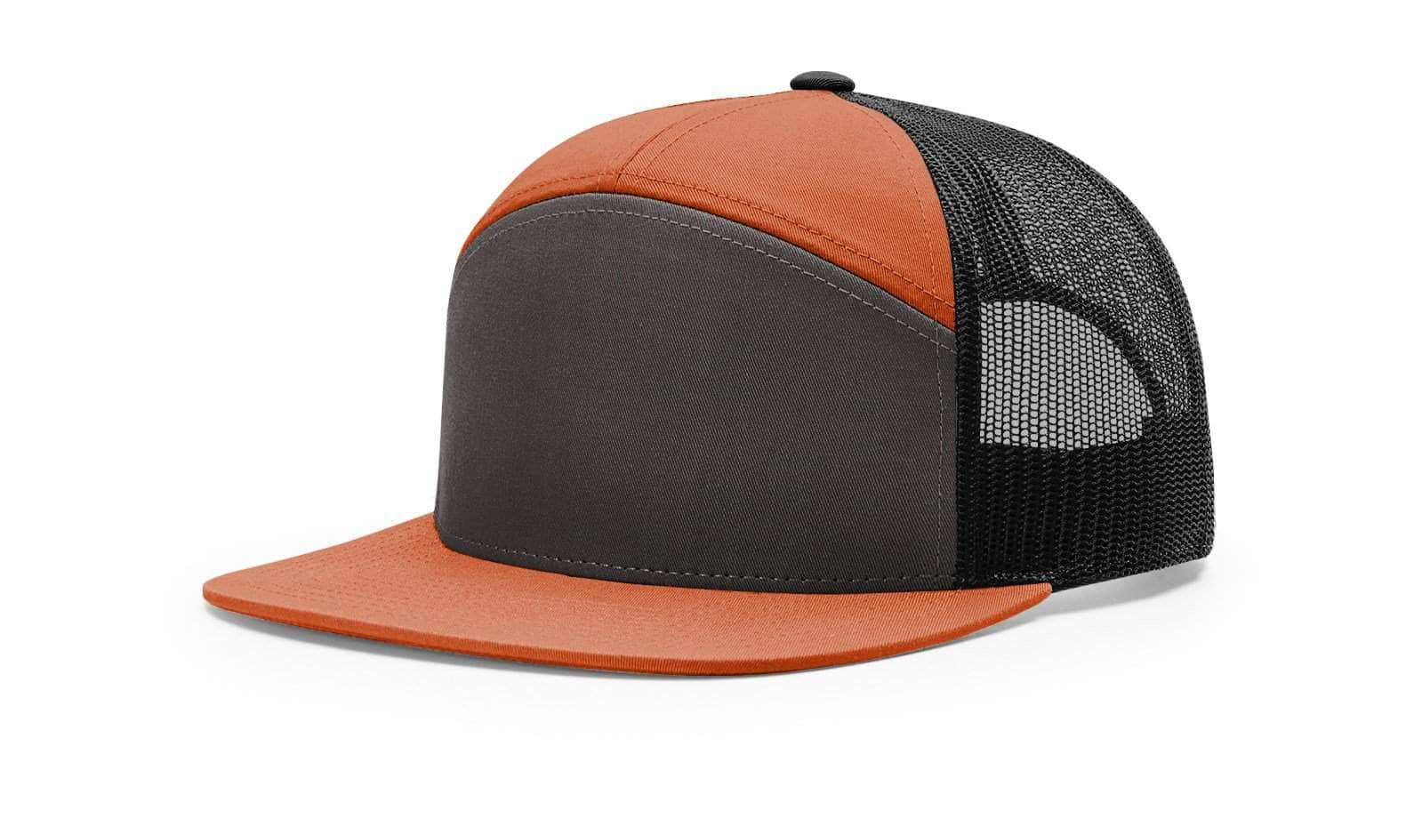 Richardson 168 – 7-Panel Flat Bill Trucker Hat | Custom Hats with Your Logo in Bulk-Charcoal/Burnt Orange/Black-Dekni-Creations