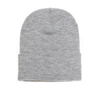 Heather Grey Cuffed Knit Custom Beanie for easy Embroidery and Laser etched leather patch by Flexfit
